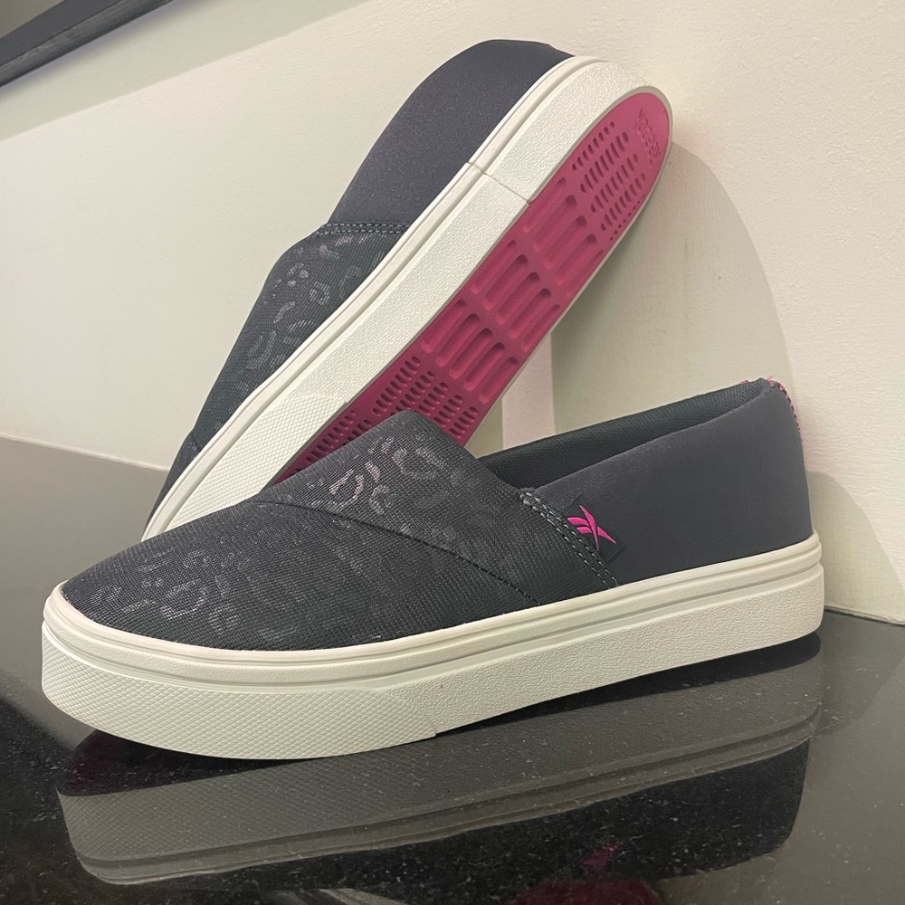 Reebok Katura Walking Shoes, Leopard Slip Ons, Pink Soles